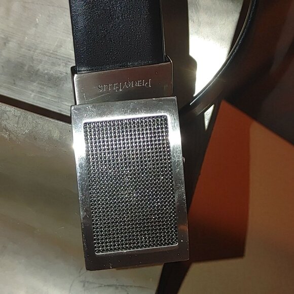 Perry Ellis Designer Bonded Leather Belt 1.5 Textured Metallic Buckle Black Size - Picture 3 of 8